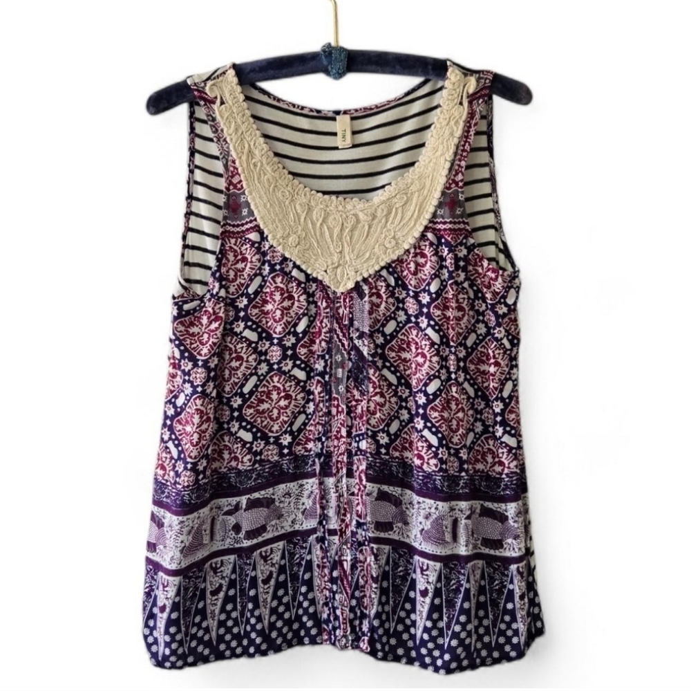 Anthropologie TINY Crochet Neck Mixed Boho Print Striped Tank Top XS